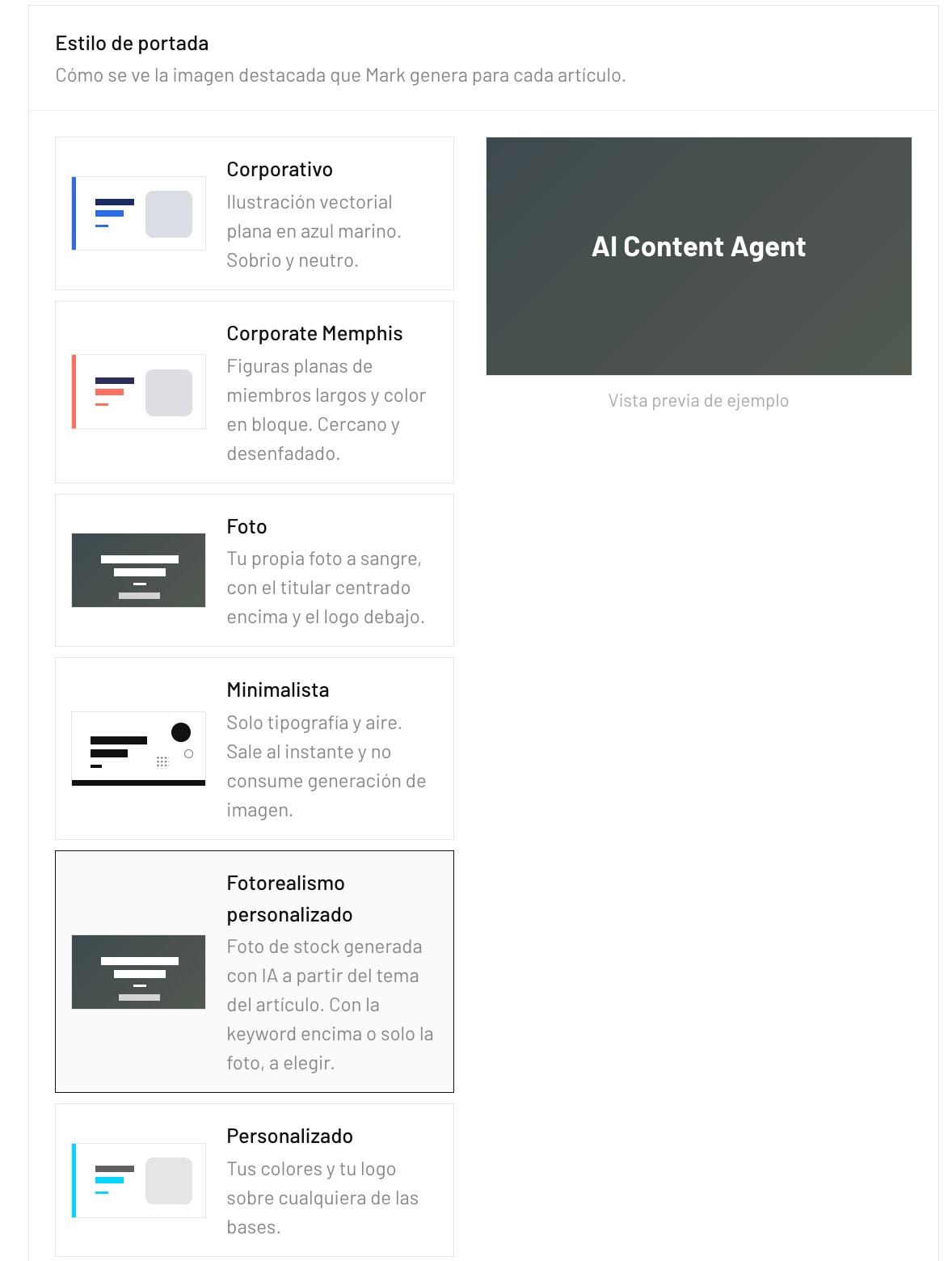 AI blog writer with images free: Mark's cover style picker with six styles and a live preview