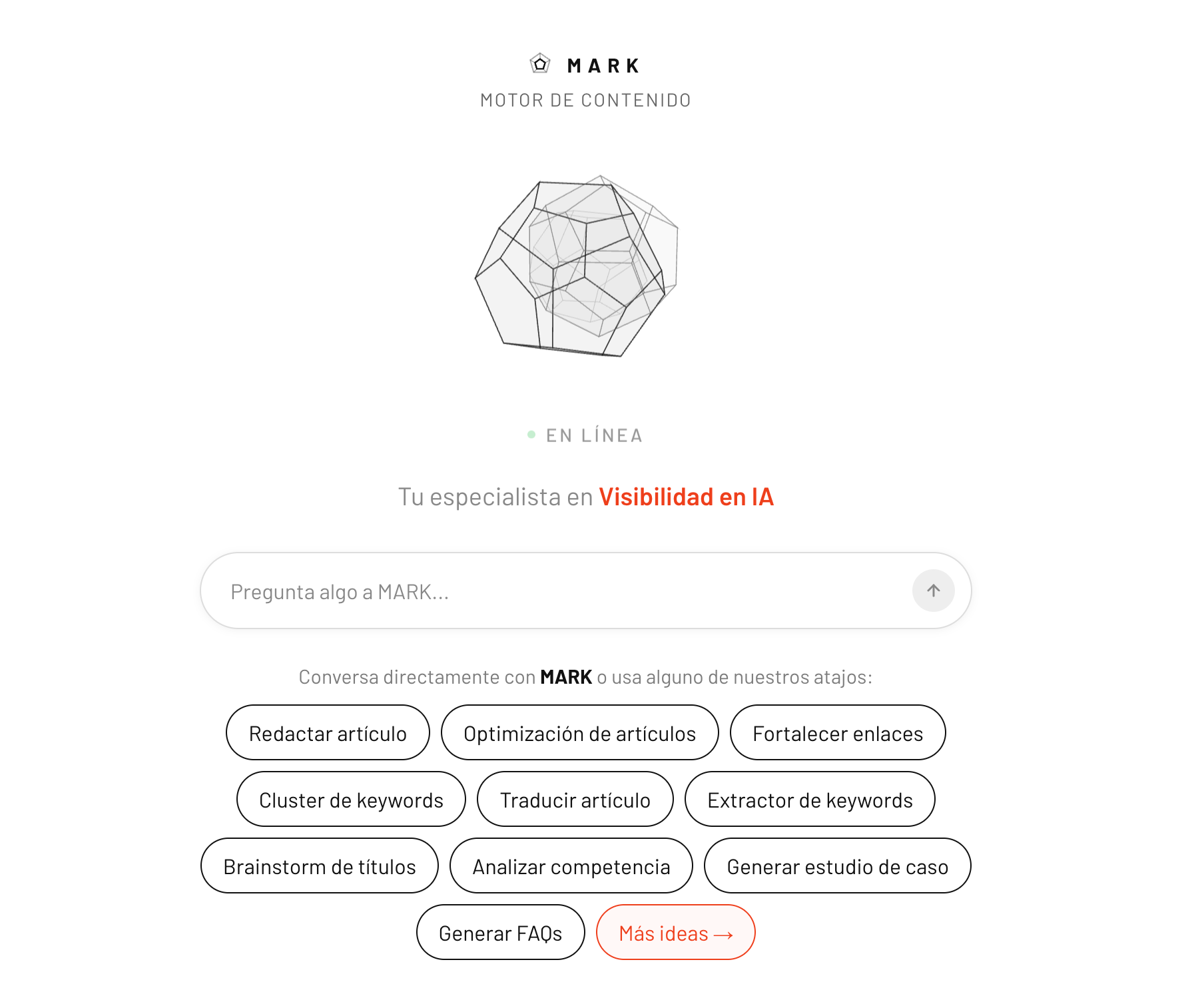 Mark AI content engine chat interface, showing the onboarding shortcuts for writing, optimizing and translating articles