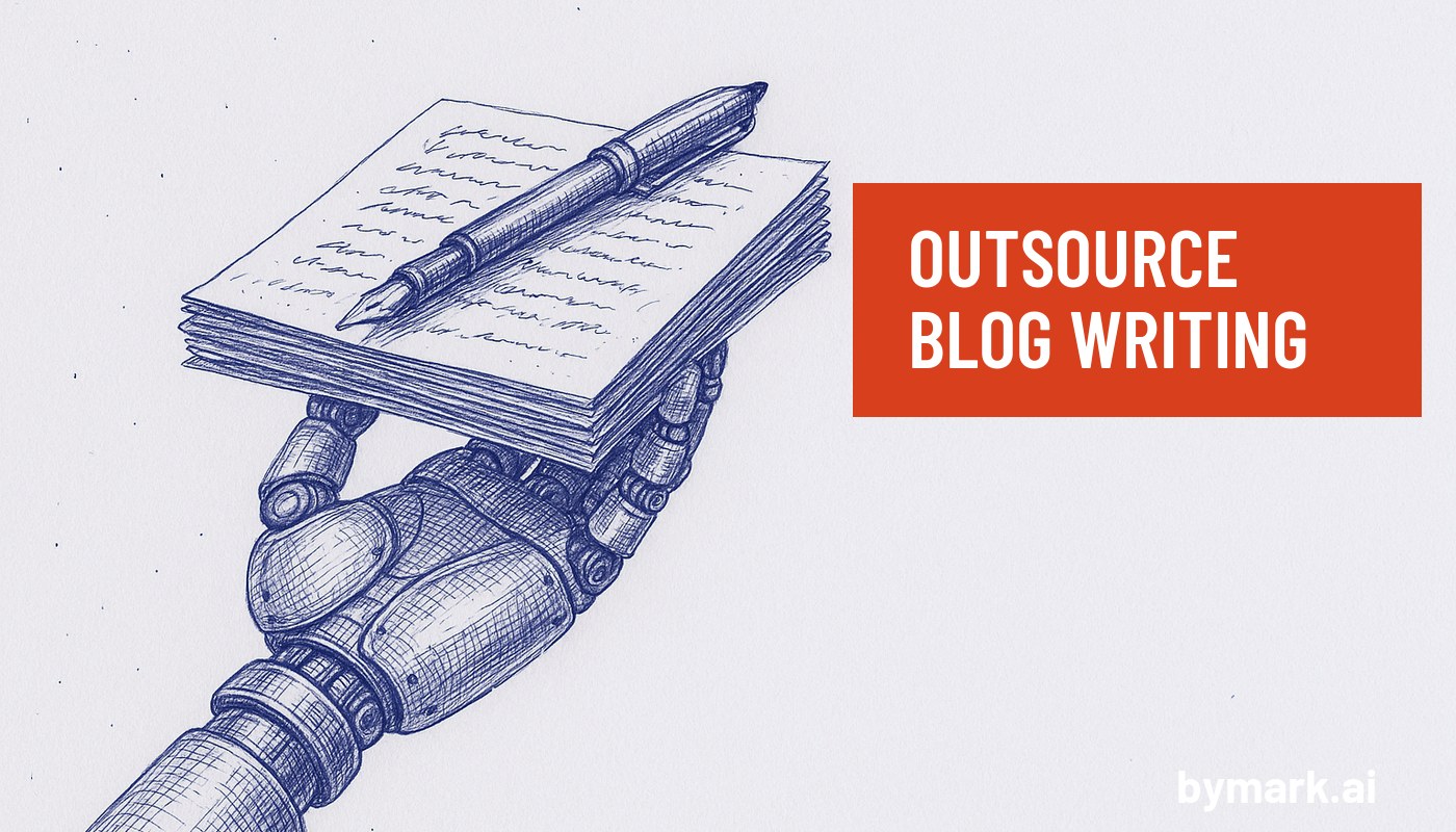 Outsource blog writing: a robot hand holding a stack of written pages with a fountain pen